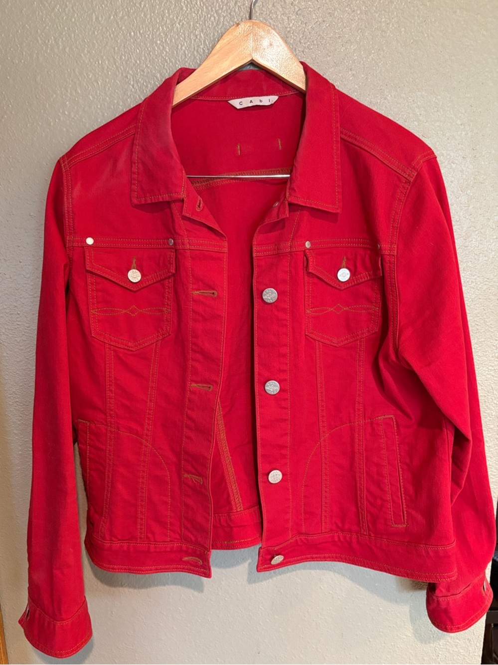 CAbi Red Denim Trucker Jacket XL Western Stretch Jean Jacket Style 606